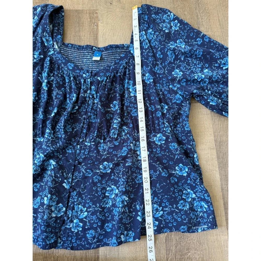 Old Navy Blue Floral Peasant Top 2X Square Neck Smocked Back Cotton Rayon Blouse